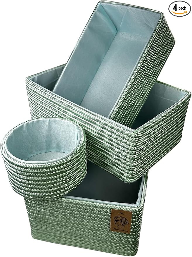 Modern Granny Fashion Decor Vanity Box, Stackable Boxes Decoratives with lined Interior, Storage Baskets Set of 4, Office Boho Baskets Shelf Box for Organizing (PRAIRIE MINT)