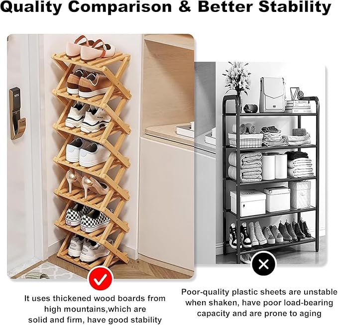 YYW Bamboo Shoe Rack for Entryway, Free Standing Shoe Racks Shelf Closet, Foldable Vertical Shoe Storage Organizer for Living Room