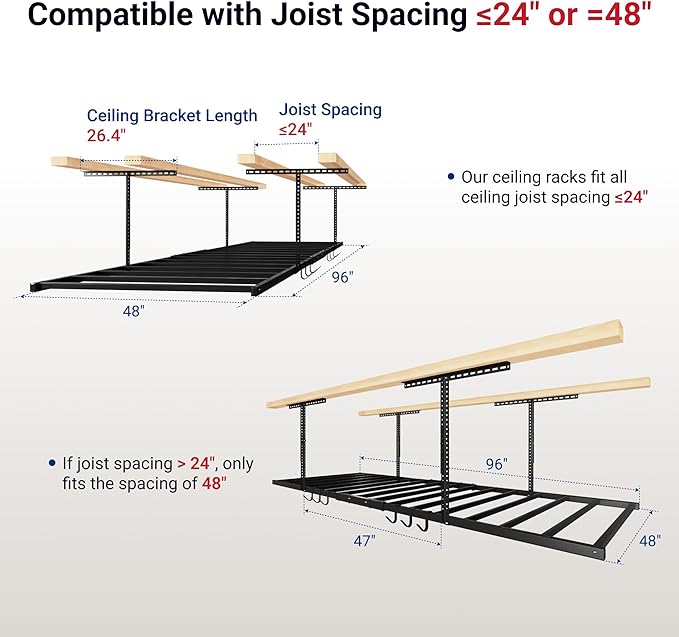 FLEXIMOUNTS 4x8 Overhead Garage Storage Rack with 6 Hooks, Adjustable Storage Organization System, Heavy-Duty Metal Ceiling Racks, 22.6" -39.4" Ceiling Dropdown, Black, Lite Series