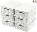 Hespama 6-Pack Plastic Weave Storage Basket with Lid, Stackable Organizer Basket, White