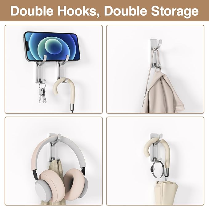 pickpiff 10-Pack Adhesive Wall Hooks for Towel: Modern Silver Hooks Hold 13 LB, Sticky Door Hanger Hanging Coats, Bags, Backpack, Purses - Bathroom,Kitchen, Dorm, RV, Shower - Stainless, Metal