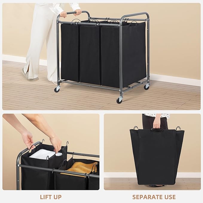 STORAGE MANIAC 3 Section Laundry Sorter, 35.9 Gal (136 L) Laundry Hamper Cart with Heavy Duty Rolling Lockable Wheels and Removable Bags, Clothes Organizer Basket Clothes Separator Hamper, Black