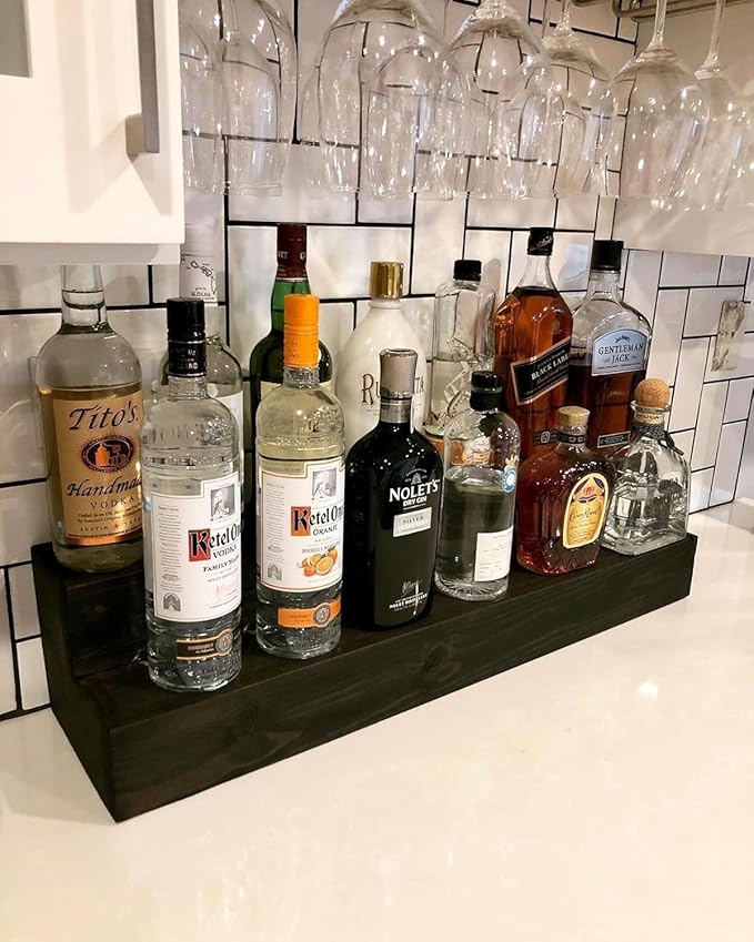 Tiered Bottle Shelf | 2 Tier Liquor Bottle Display | Bar Organization | Display Shelf | Wine Shelf | Bar Display | Kitchen Counter Shelf (36, Black)