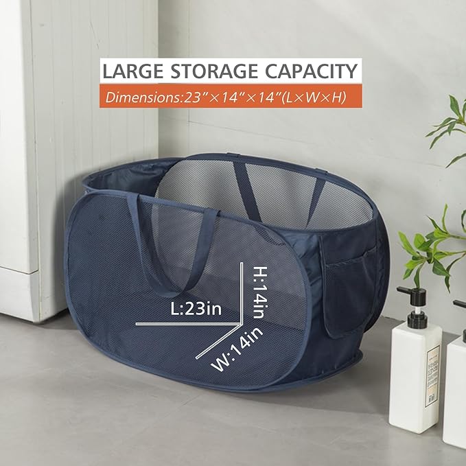 HONOMA Sturdy Mesh Laundry Hamper Basket Bag,Pop up Basket with Side Pocket for Laundry Room, Bathroom, Kids Room, College Dorm or Travel (Pop Horizontal, Navy Blue)