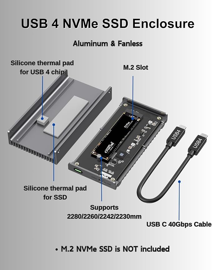 Noiseless 40Gbps M.2 NVMe Enclosure, USB C Aluminum External SSD Enclosure Compatible Thunderbolt4/3 8TB SSD Adapter, PCIe Gen4 M.2 SSD Reader Fits 2280/2260/2242/2230mm M B+M Key