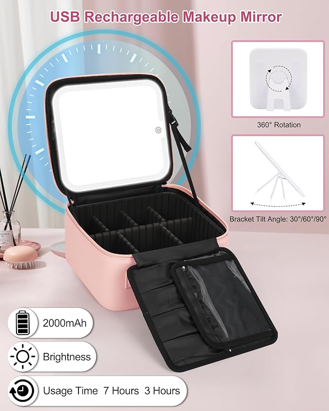 Relavel Initial Makeup Bag with LED Mirror for Women Girls, Personalized Travel Cosmetic Organizer Train Case, Birthday Gifts for Grandkids Bridesmaid Graduation Teacher Friends, Trendy Stuff, Pink S