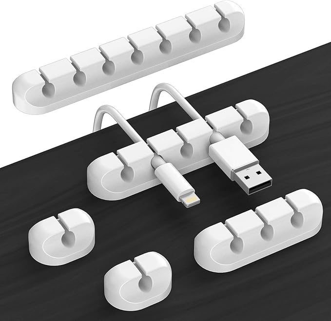 Cord Holder Cable Organizer Clips – Self Adhesive Cord Organizer for Desk, Car, Nightstands, Office, White Silicone Cord Keeper Cable Clips Wire Holders for Charger Cords (7-5-3-1-1 Slots)
