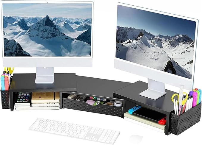 Spacrea Metal Desk Organizers and Accessories, Dual Monitor Stand Riser with Drawer and 2 Pen Holders, Desk Accessories & Workspace Desktop Organizers for Office Supplies (Black)
