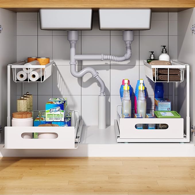 Under Sink Organizer, 2 Tier Under Sink Organizers and Storage Multi-Purpose Under Sink Storage for Bathroom Kitchen (White)