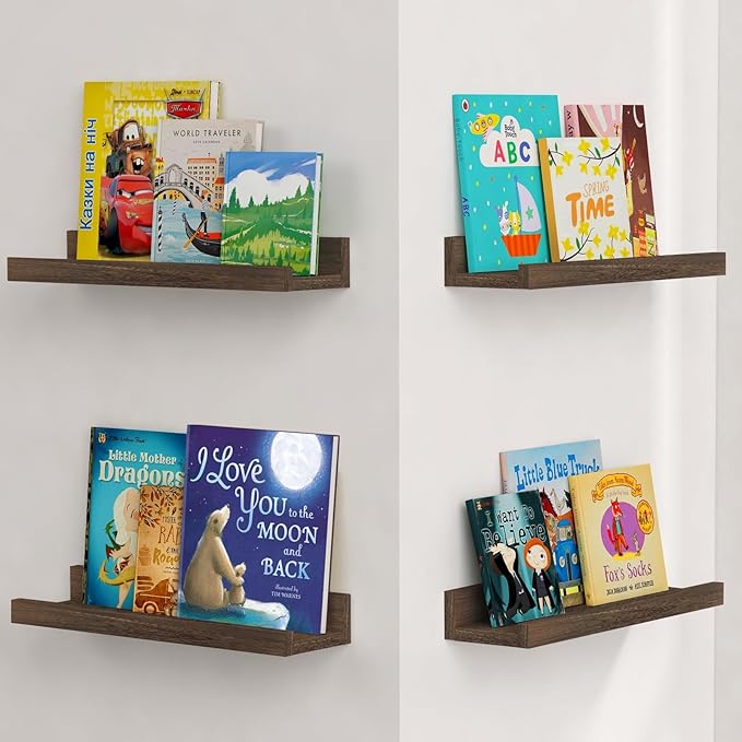 Forbena Wooden Floating Shelves with Lip for Wall, Dark Brown Picture Ledge Shelf for Books Photo Framses, Rustic Farmhouse Hanging Wall Shelves for Bedroom Office Kitchen (Set of 4, Solid Wood)