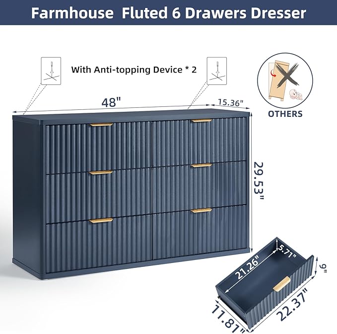 LEYAOYAO Fluted 6 Drawers Dresser Set of 2, 48" Wide Modern Chest of Drawers with Woodgrain Top, Curved Profile Design, Dresser TV Stand, Wood Drawer Organizer for Bedroom, Living Room, Hallway,Blue
