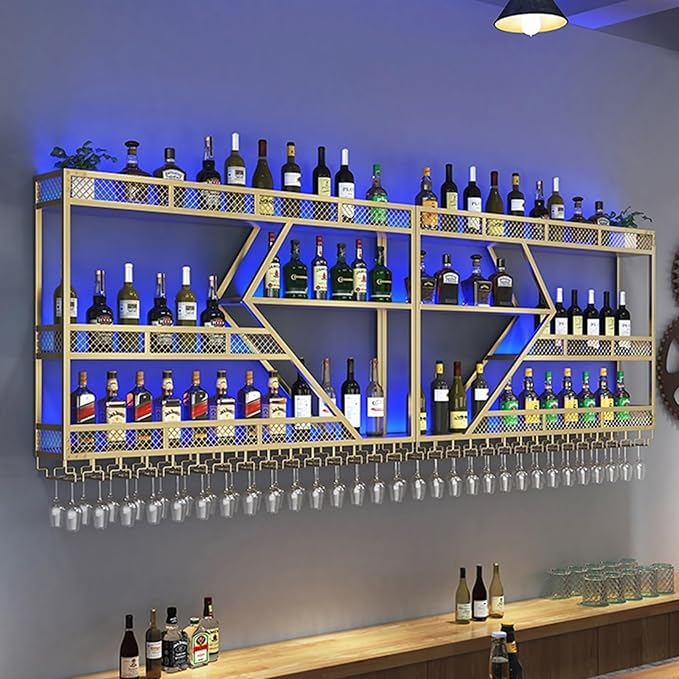 63in Metal Wine Rack Wall Mounted, Modern Wine Storage Rack Wall Mounted with Wine Glass Holder, Liquor Shelf, Bar Shelves for Liquor Bottles (3TIERS Gold, 63 * 7.87 * 33.85INCH)