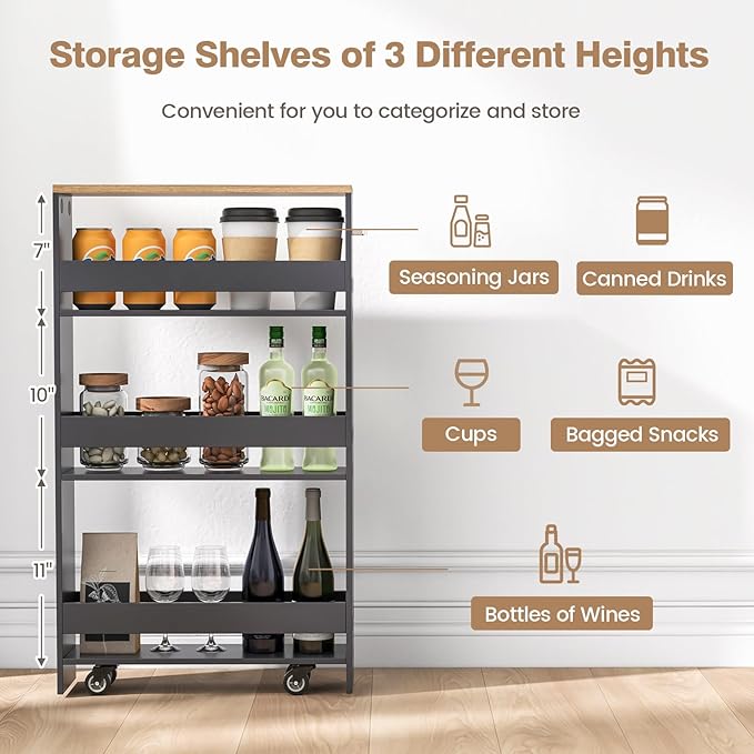Slim Rolling Storage Cart, 4 Tier Narrow Kitchen Cart with Wheels, Between Washer and Dryer Cart, Wood Shelving Unit Organizer w/Handle for Small Spaces (Grey & Natural, 5-Inch)