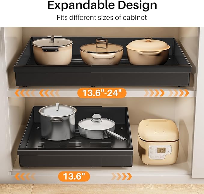 Pull out Cabinet Organizer, 2-Pack Expandable(13.6"-24") Silde out Drawers with Raising Pad for Framed Cabinets, Adjustable Full-Extension Adhesive Roll out Shelves for Kitchen Pantry Home Pot and Pan