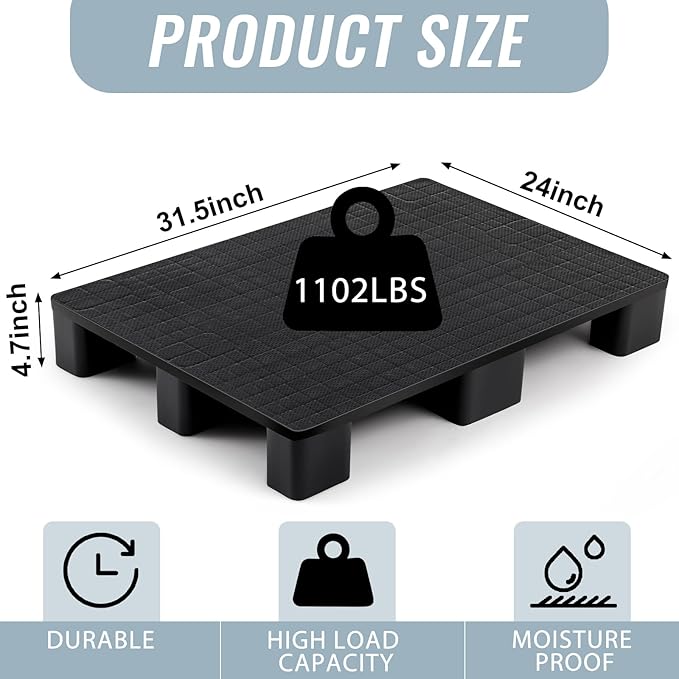 4 Pcs Plastic Pallet for Basement Storage Easy Stack Lightweight Floor Pallet Display Flooring Room Supermarket Christmas, Support up to 2000 Lbs (31.5'' L X 24'' W X 4.7'' H,Black)