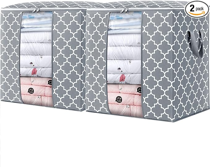WISELIFE Storage Bags 2 Pack/100L Large Blanket Clothes Organization and Storage Containers for Comforters,Bedding, Foldable Organizer with Reinforced Handle, Clear Window, Sturdy Zippers,Light Gray