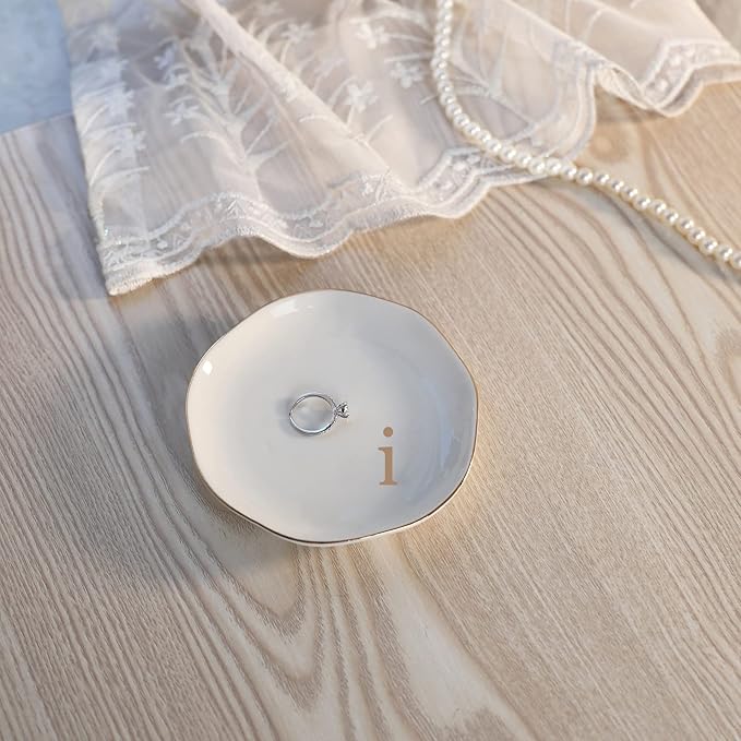 HOME SMILE Initials Ring Dish Jewery Tray with Personalized I-Monogrammed Engagement Wedding Gifts for Friends,Sister,Birthday Christmas Gifts for Women,Ceramic White