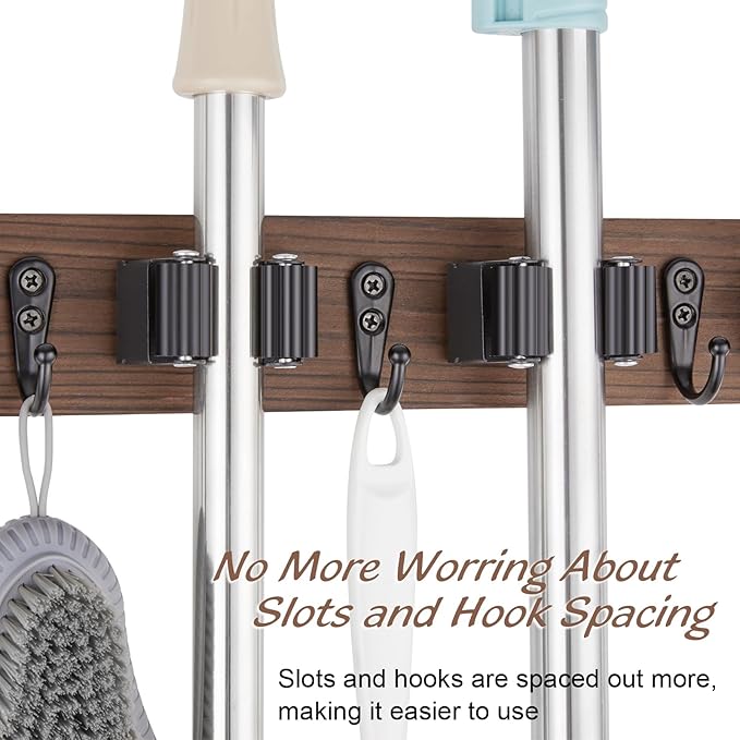 Mop and Broom Holder Wall Mount - Wood Broom Mop Hanger - Wall Mounted Garden Tool Rack Organizer for Closet Garage Laundry Room for Rustic Kitchen Decor With 5 Slots & 4 Hooks
