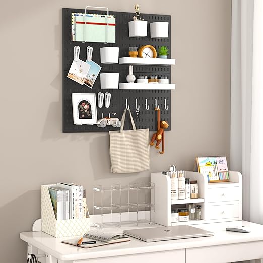 Peg Board Combination Kit, 4 Pegboards with 20 Accessories, Pegboard Wall Organizer for Office, Nursery & Home Storage, Key Holder, 25.6"x25.6" – Nail-Free Installation（Black）