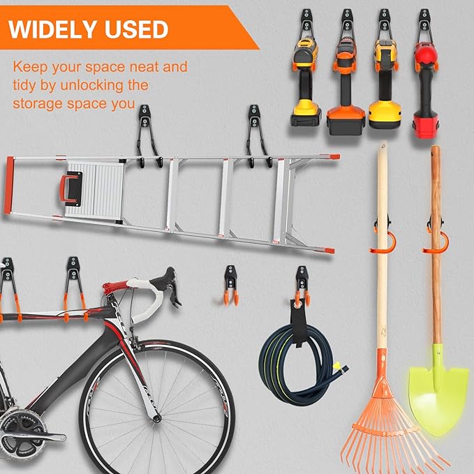 Heavy Duty Garage Hooks 4 Pack, 7.7 inch Wave Long Hanger, Wall Mounted Storage System, Power and Garden Tool Organizer, for Hanging Ladders, Bikes, Hose, Bulk Items and More