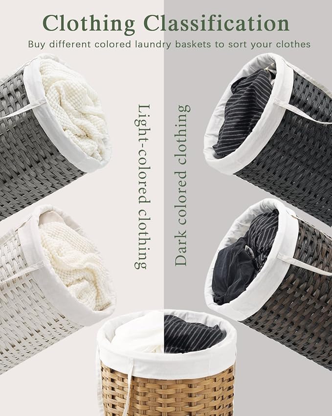 Laundry Basket with Lid Round Rattan Laundry Hamper with Lid and Handles 29.1 Gal (110 L) Handwoven Woven Basket with Removable Bags and 2 Mesh Bags for Bathroom Living Room White