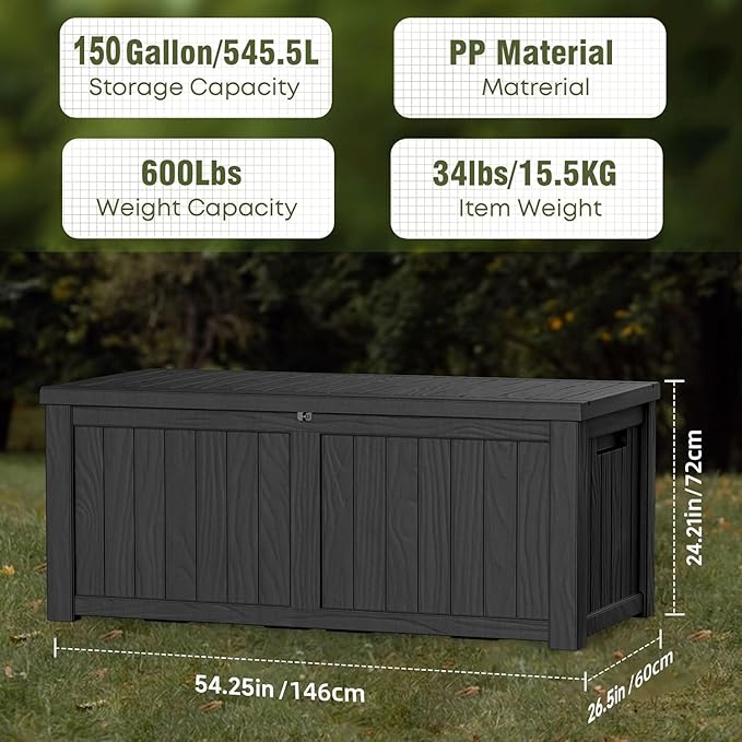 150 Gallon Outdoor Deck Box,Storage Lockable Waterproof Patio Furniture,Garden Tools,Cushions,Pool Accessories Outside Storage Resin Box(Black)