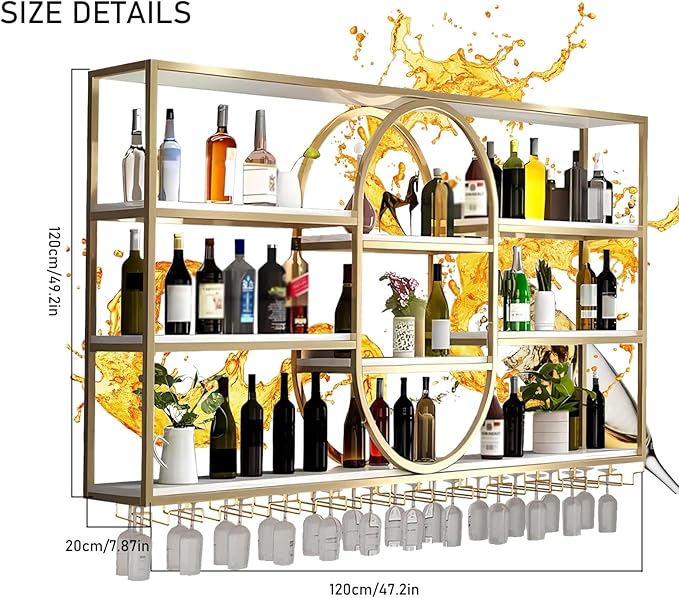 Large Wall Mount Wine Rack, Metal 4 Tier Large Capacity Hanging Bar Rack with Wine Glass Holder, Oval Wine Bottle Storage Display Rack for Kitchen, Living Room, Home (Gold, 120cm/47.2in)