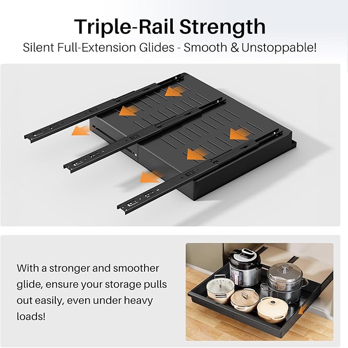 Pull out Cabinet Organizer, 1-Pack Expandable(13.6"-24") Silde out Drawers with Raising Pad for Framed Cabinets, Adjustable Full-Extension Adhesive Roll out Shelves for Kitchen Pantry Home Pot and Pan