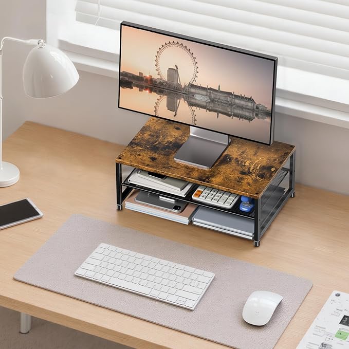 Desk Organizers and Accessories, 2-Tier Metal Computer Monitor Stand Riser, Desk Organizer for Monitor, Printer & Laptop Stand, Desktop Workspace Organizers for Office Supplies(Brown)
