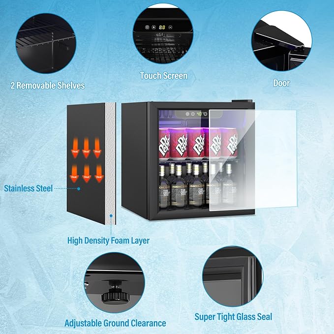 Compact Beverage Refrigerator,60 Can/1.3 Cubic Feet Mini Fridge with Glass Door for Soda, Beer, or Wine, Under Counter Small Refrigerator with Adjustable Shelves and Digital Display
