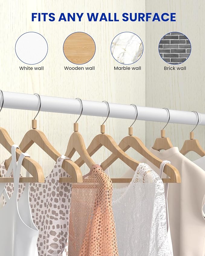 Closet Rods for Hanging Clothes, 17 to 54 Inches Stepless Adjustable Metal Closet Rod, 1.3 Inches Heavy Duty Clothes Hanging Rod for Closet Wardrobes Laundry RV, White