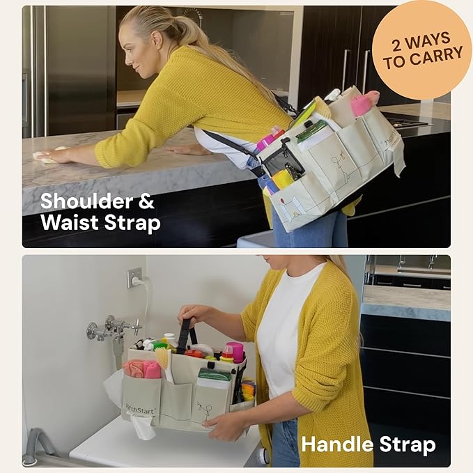 FifthStart Multiuse Cleaning Caddy with Waist & Shoulder Strap,9 Pockets Professional Bag, Mesh Base & Adjustable Compartments - Beige Large Organizer with Handle - Cleaning Caddy Bag (Beige, Large)