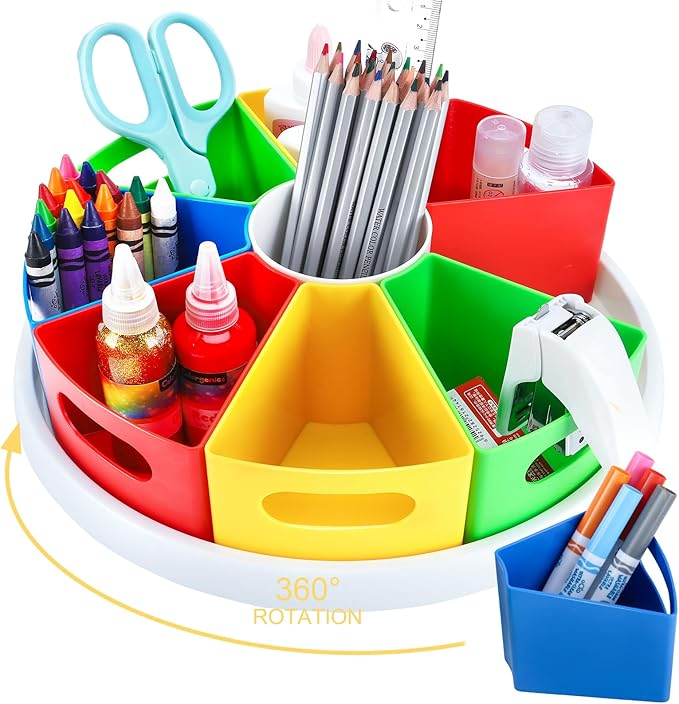 360 Degree Rotating Kids Desk Organizer, Colorful Art Supply Storage and Organization with 8 Removable Compartments, 12" Durable ABS Material for Classroom & Home Use – Perfect Teacher and Child Gift