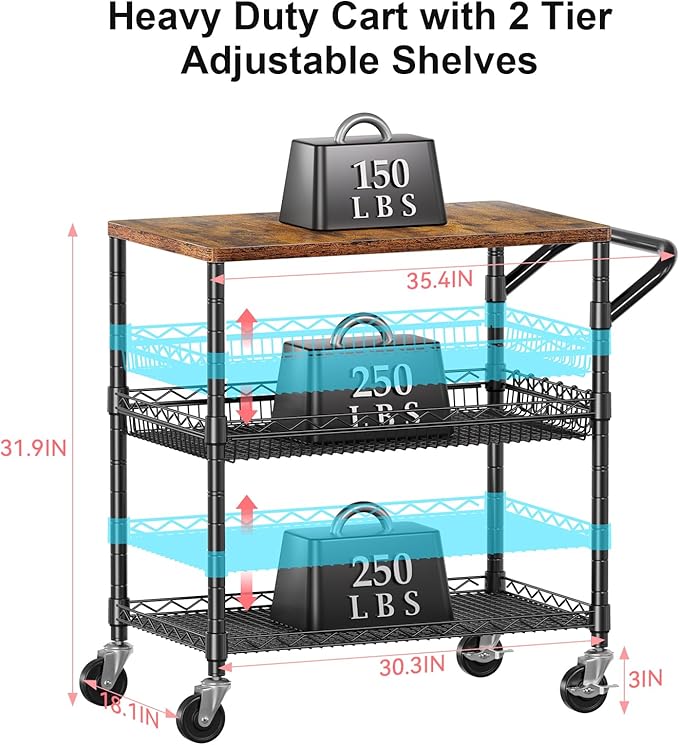 WDT 3 Tier Rolling Carts with Wheels, Heavy Duty Rolling Utility Cart with Wood Tabletop, Commercial Grade Metal Cart with Handle and Hooks, NSF Storage Serving Carts for Kitchen Island, Wood+Metal