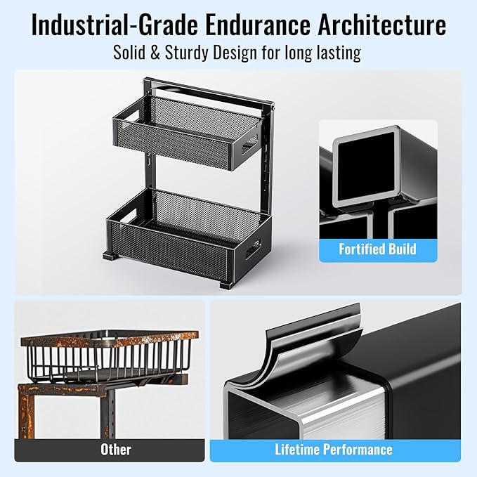 2 Pack Under Sink Organizer and Storage, Metal Under Kitchen Sink Organizer, Slide Out Bathroom Organizers and Storage, Undersink Organizers for Kitchen Bathroom Cabinet