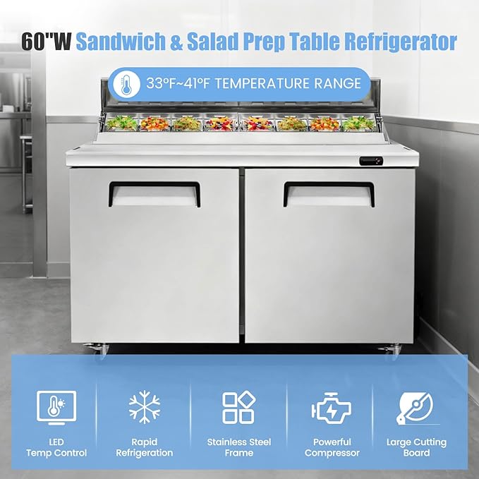 60" W Commercial Refrigerator Sandwich Salad Prep Table, Stainless Steel 2-Door Sandwich Prep Table Refrigerator, Counter Fan Cooling Refrigerator with 24 Pans for Restaurant, Bar