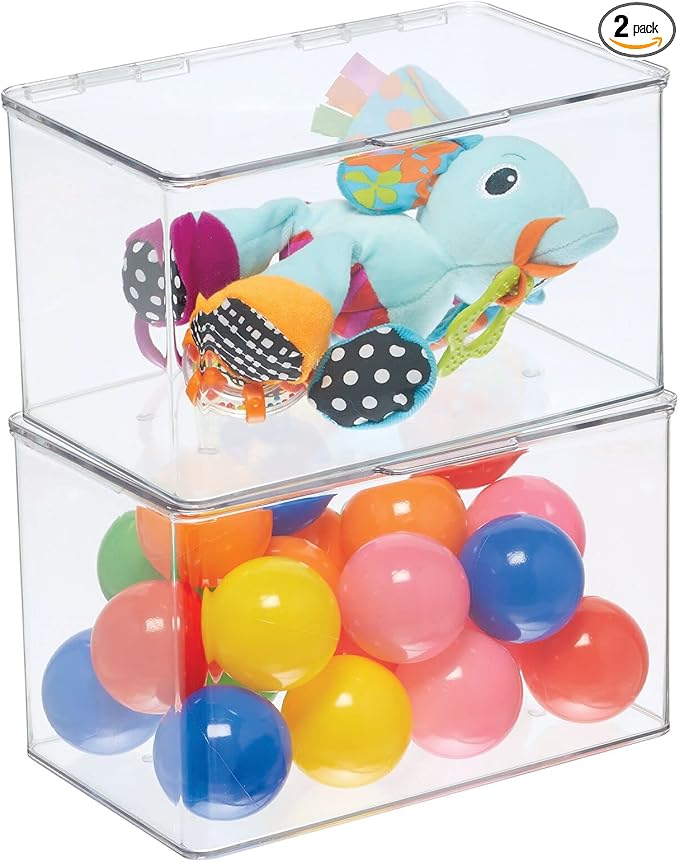 mDesign Set of 2 Storage Boxes with Lids – Stackable Plastic Storage Boxes for Nursery – Practical Plastic Toy Box Set – Clear