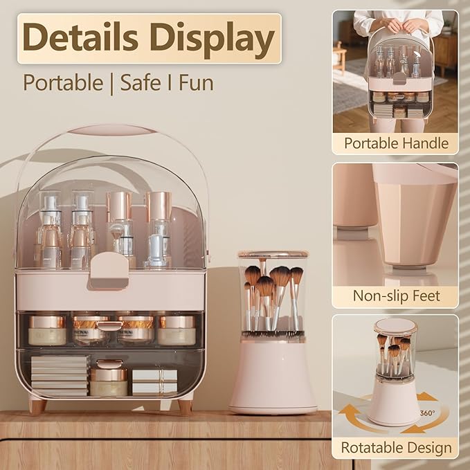Makeup Organizer Countertop & Makeup Brush Holder with Lid 360 Rotating Clear Dustproof Skincare Holder for Vanity Bathroom Countertop, Ideal Gifts for Women, Transparent, Pink