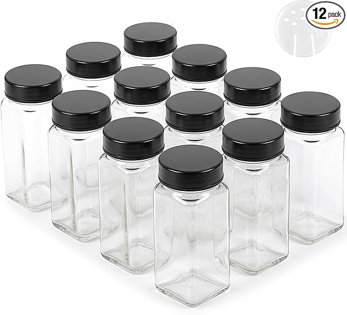 Glass Spice Jars and Black Stainless Steel Lids (12 x 4oz) Spice Containers with Shaker Inserts - Add-On Pack Without Labels or Accessories