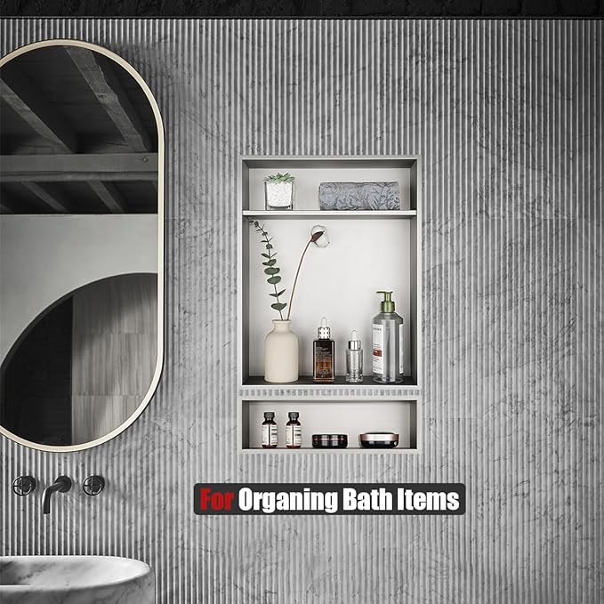 JQK Shower Niche No Tile Need, 4"×14" Brushed Nickel Bathroom Insert Shelf, 304 Stainless Steel Recessed Shower Caddy Organizer Storage, SNL414-BN