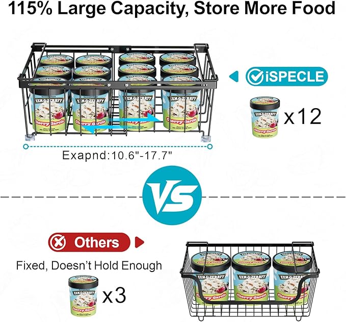 iSPECLE Freezer Organizer Bins - Fit 10 to 20 Cu.FT Deep Freezer, 8 Pack Large Expandable Stackable Chest Freezer Organizer Sort Frozen Food Easy to Get Food from Bottom without Digging, Black