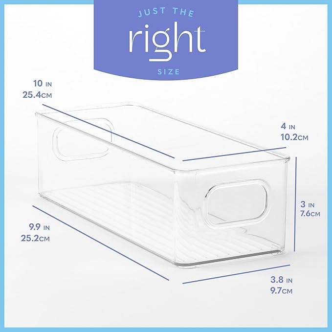 primebox Plastic Food Storage Clear Container Bin with Handles for Organizing Kitchen, Pantry, Refrigerator, Freezer, Pantry, Cabinet, Closet, Bathroom. Stackable 10"X4"3"