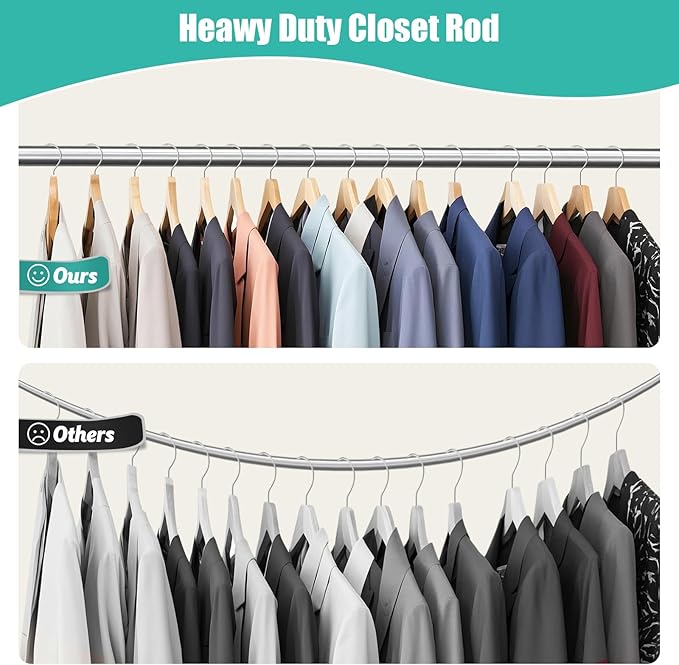 Closet Rod, 16 to 63 Inch Closet Rods Heavy Duty Adjustable Wardrobe Poles for Hanging Clothes and Heavy Duty Bracket Closet Pole Support (The Shelf NOT Included)(Silver)