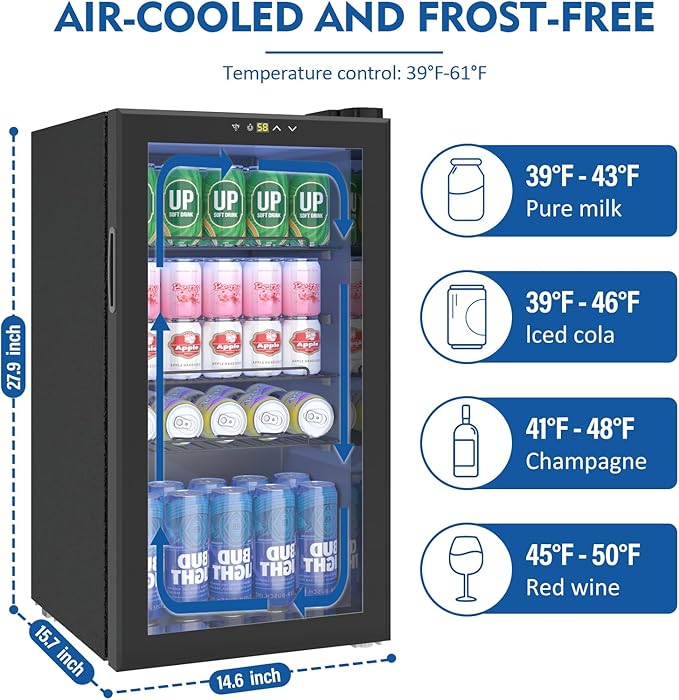 Beverage Refrigerator, 3.2 Cu.ft Mini Fridge with Glass Door, Adjustable Digital Temperature Control for Soda, Beer, Wine for Home, Office or Bar