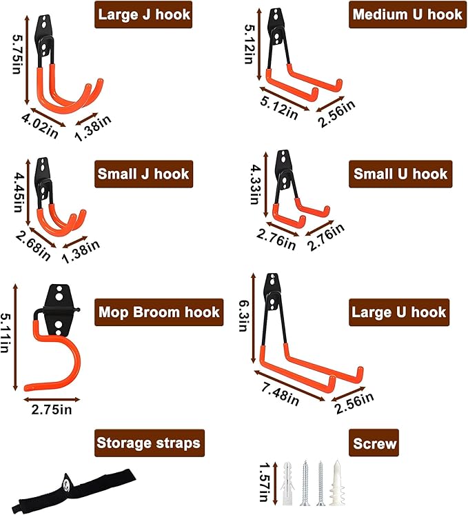 Garage Hooks Heavy Duty 12 Pack, Steel Garage Storage Hooks, Tool Hangers for Garage Wall Utility Wall Mount Garage Hooks and Hangers with Anti-slip Coating for Garden Tools, Ladders, Bulky Items (12)