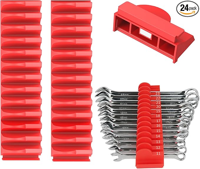 24pcs Magnetic Modular Wrench Organizers for Tool Drawers - Wrench Rack with Metric&SAE Labels,Tool Storage Holder with Magnet.Gift for Father, Brother&Boyfriend (Red with Magnets)