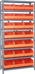 Quantum 1875-465OR Heavy Duty Shelving Unit with (8) Shelves and (21) SSB465 Orange Bins for Industrial Warehouse Storage Distribution | 400 lbs Capacity | 18"D x 36"L x 75"H, Galvanized Carbon Steel