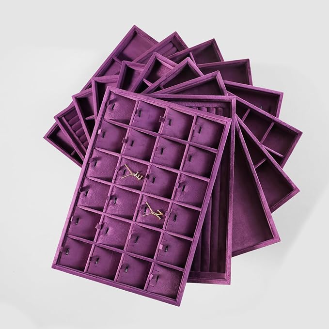 Velvet Stackable Jewelry Display Tray, 24 Grid Earring Ring Storage Tray, Drawer Divider Jewelry Accessories Organizer Plate (Purple)