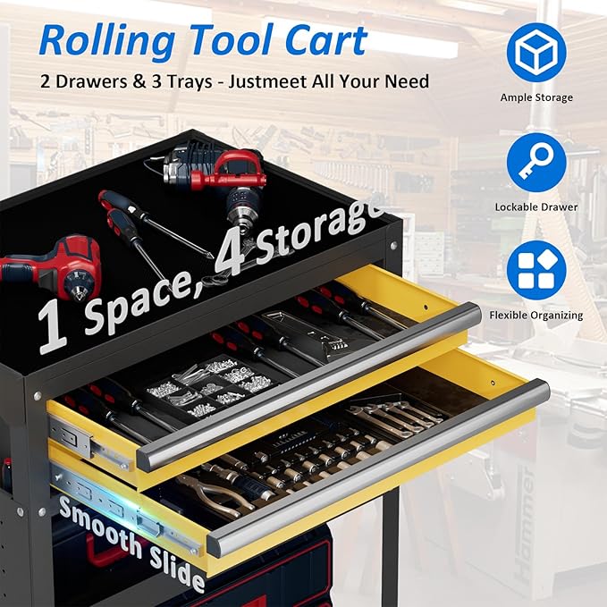 5 -Tier Heavy Duty Rolling Tool Cart on Wheels with 2 Lockable Drawers, Pegboard & Locking Wheels, 400Lbs Capacity Mobile Garage Storage Organizer for Mechanics, Workshop
