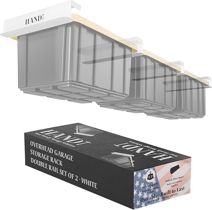 HANDT Overhead Garage Storage Rack, Connectable Heavy Duty Metal Ceiling Rails For Garage Storage Organization Shelving System, Hanging Racks For Tote Containers, Supports Up To 3 Bins, 2 Sets White